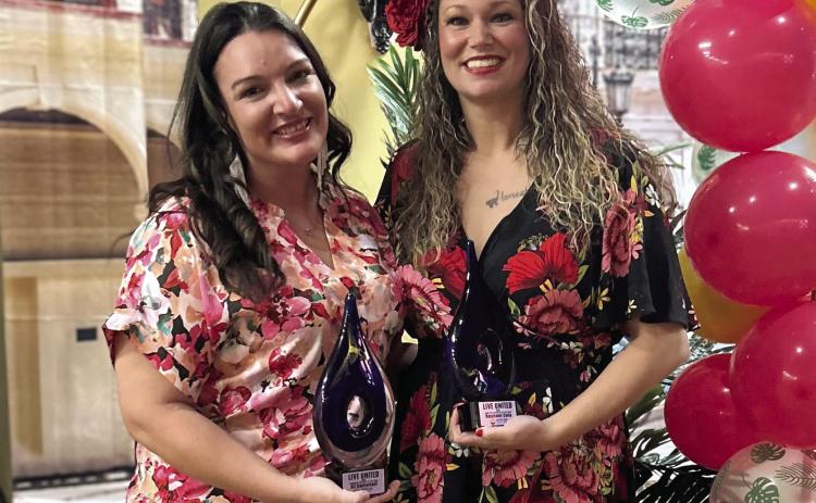 Child Advocacy Center of Central OK Executive Director KC Campbell (left) and Worrel's Haven Founder and Director Rachael Cole both won the Live United Director of the Year Award, in a tie, during the United Way of Eastern Frontier Country "Havana Nights" Gala on Nov. 8. Suzie Campbell, Countywide & Sun
