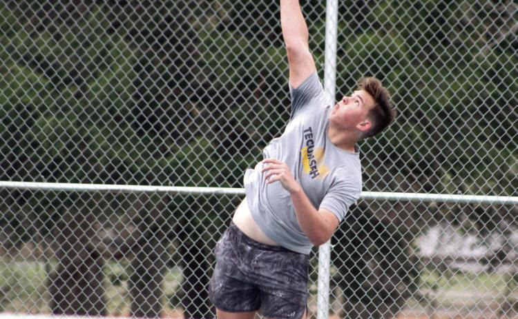 Tecumseh’s Brodey Bone reaches high as he serves on the #2 Doubles team with Aaron Sack during the Tecumseh Tennis Tournament on April 4. Bone and Sack placed fourth. The Tecumseh Boys Tennis Team also placed fourth overall. Dunagan