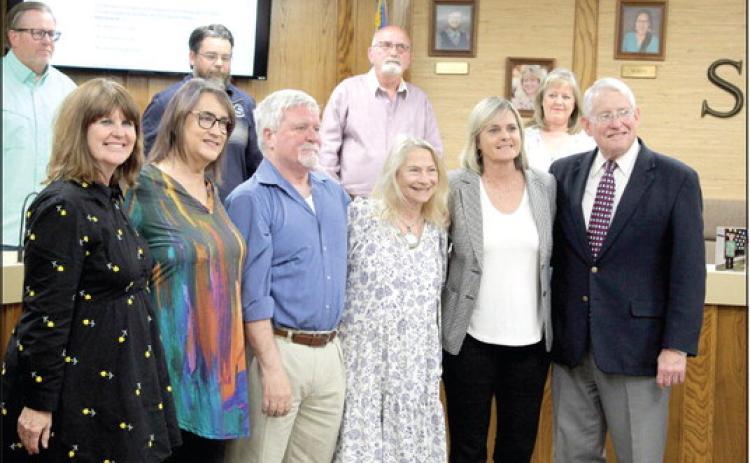 Retirees for this year were honored at the regular monthly Shawnee Board of Education meeting on May 1. Shown, from left, are teachers Diana Hall, Cindy Goodnight, Bruce Bushong, Lynda Thompson, Superintendent Dr. April Grace and Board Member Larry Walker. Countywide &amp; Sun/Natasha Dunagan