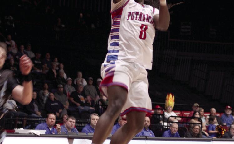 Potawatomi Fire small forward K.D. Moore catches a long pass and sinks the basket during the March 23, 2024 home game with the Texas 7ers. The 2023 TBL National Champs continued their winning streak with a final score of 141-119. File photo