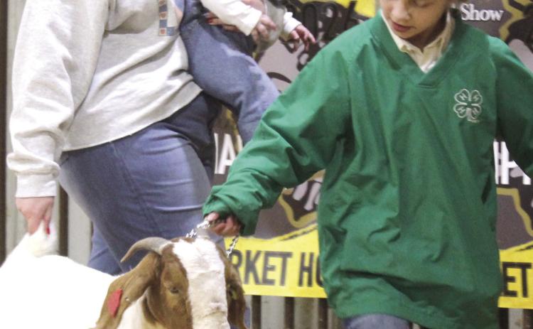 Tecumseh FFA Advisor Mara Carmen holds her baby, Shelby, as she helps 4-H member Aurora Colten to get her goat going.