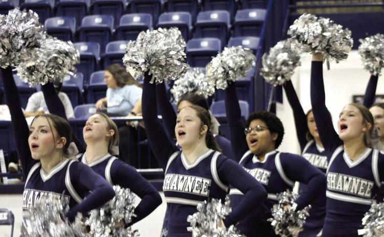 The Shawnee High School Cheerleaders chant during halftime of the Lady Wolves regional game on Feb. 22. Natasha Dunagan, Countywide & Sun