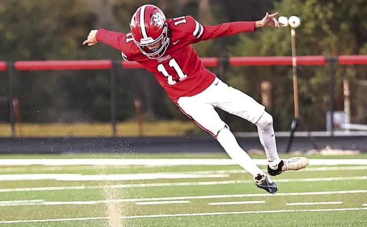 Fisher Wilson kicks off the game for NRC who took on Heritage Hall Friday night. NRC lost 48-12. Next Friday, they will travel to Taft to take on Star Spencer. Photo courtesy of Gowin Photography