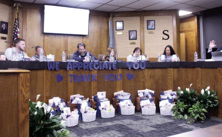 Shawnee Superintendent Dr. Jason James speaks with the Shawnee Board of Education about Board Recognition Month before presenting a video of 'thank-yous' from the district during the Jan. 12 meeting. Natasha Dunagan, Countywide &amp; Sun