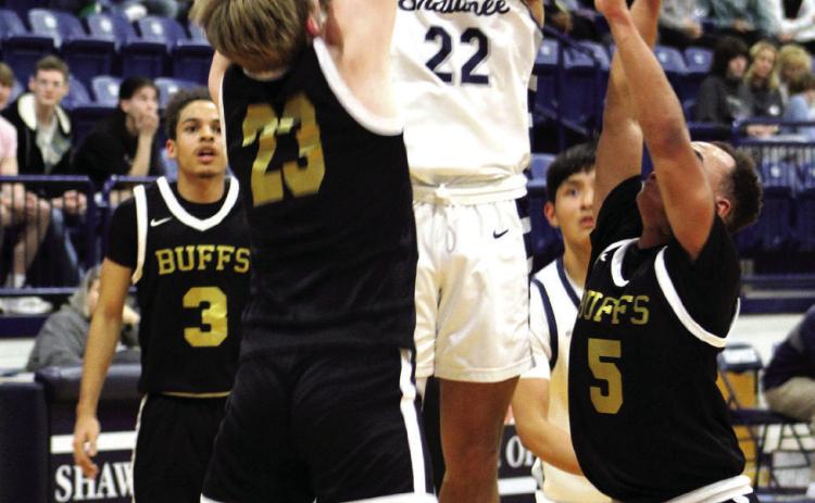 Shawnee’s Jalen Wicks makes his jumpshot during the second quarter of the game against McAlester on Jan. 3. The Wolves lost, 46-52, and the Lady Wolves won their game, 50-48, in overtime. Countywide & Sun/Natasha Dunagan