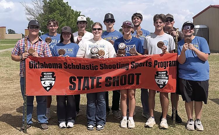 On April 15, the Bethel FFA Shooting Sports Team was the Fifth High Team at the Oklahoma Scholastic Shooting Sports Program State Shoot in El Reno. Individually, Corley Steward, front row fourth from left, was Second High Female and Alexys Wright, front row third from left, was Fifth High Female. This tops off a successful school year for the team. Photo provided