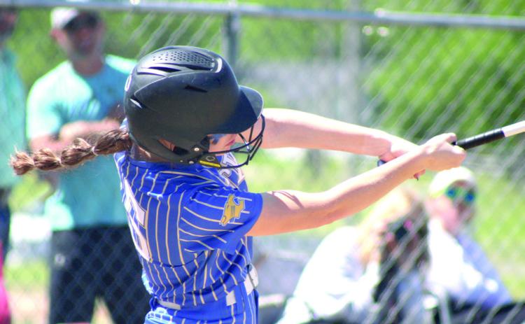 Bethel sophomore Kinley Anthony hits a double in the 5A District home game against Byng on April 23. The Lady Wildcats won all three games that day: two with Madill, 16-4 and 18-2, and 11-3 with Byng. Natasha Dunagan, Countywide &amp; Sun
