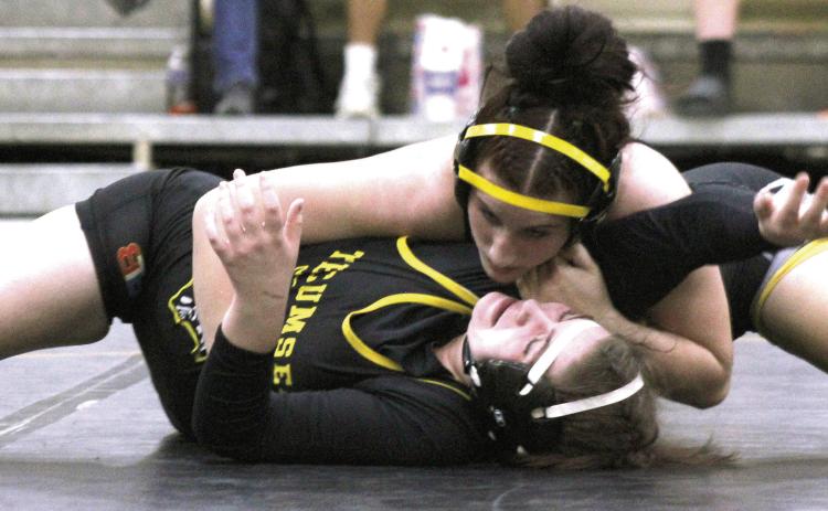 Kylei Gokey and Lowen Stell compete for the take down at Tecumseh's Black and Gold Dual held at the THS Alumni Center on Nov. 17. Cheyanna Dietz, Countywide &amp; Sun