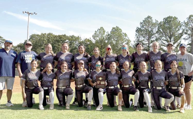 The Asher Lady Indians Fastpitch Team won the Class B District Tournament, held at home on Sept. 24. They beat Mason in two games, 14-0 and 12-0. Their record is 23-5, so far. Photo provided
