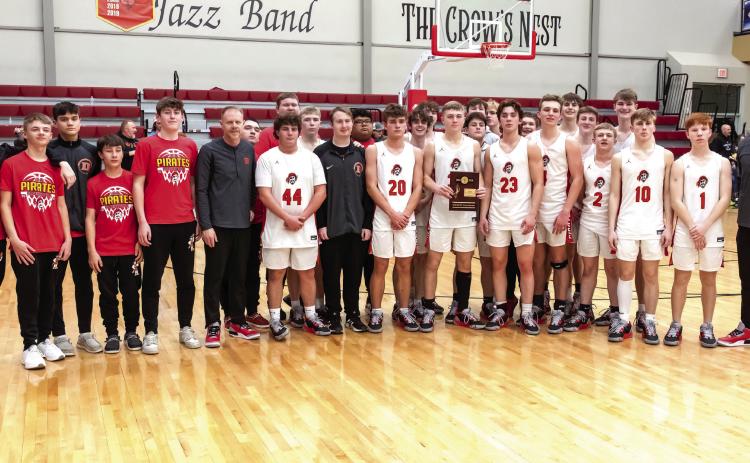 Pictured left, the Dale Pirates won the Class 2A District Championship at home on Feb. 18. They defeated Wynnewood, 87-43, and have a record of 26-0. The Pirates will play in Regionals, also at Dale, tonight (Feb. 23) at 7:30 pm. Photo provided.