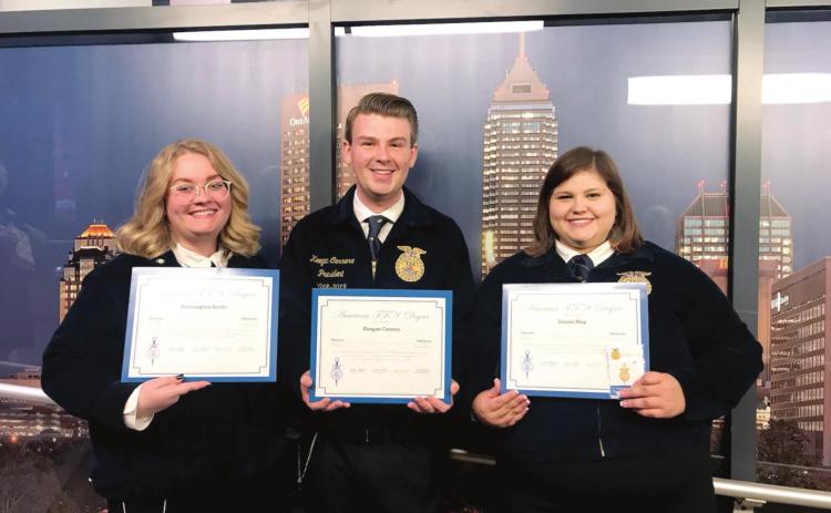 Shawnee FFA Members Kensington Kerbs, Keegan Carrera, and Dassie May were three of nine from Pottawatomie County who received their American FFA Degrees in Oct. Photo provided.