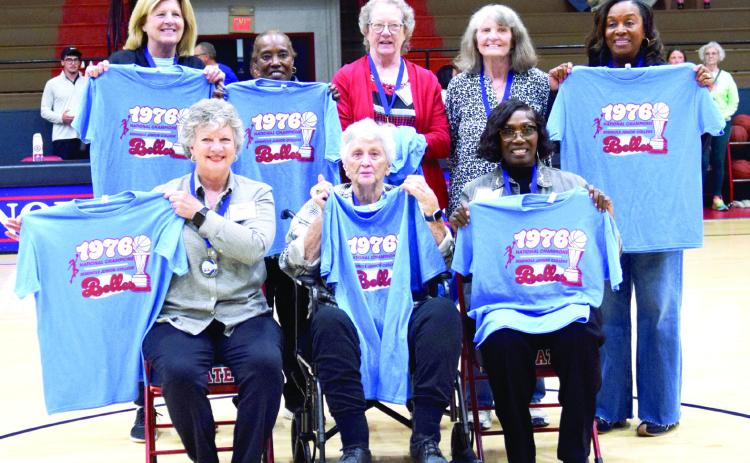 The 1976 Seminole Junior College Belles were honored during halftime of the SSC game on Feb. 16 commemorating their 50th Anniversary National Championship. The coach and seven players from the '76 team were in attendance. Back: Cindy Perkins Stuart, Hettie Davis, Sherri Hudlow, Sherri Salyer Peckham and Dianne Knight Ray. Front: Carole Carter, Coach Dixie Woodall and Belinda Candler Copeland Julie Talton, Countywide &amp; Sun