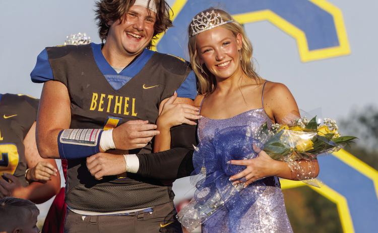 Bethel High School 2024 Fall Homecoming Queen Presley McClintock poses after being crowned by Austin Melson during the ceremony on Sept. 20. Bethel played Little Axe after homecoming, and won 58-14. Photo courtesy of Richelle Treece.