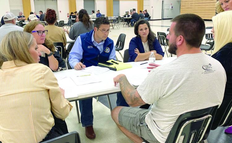 Tecumseh High School Principal Jaime Griggs, School Board President Iva Bingham, State Senator Shane Jett and Ana Jett prioritize safety and mental health options with TPS parents in a breakout session led by Kathleen Kennedy (far right), President of the Center for Communication and Engagement, at the Tecumseh Public Schools Safety Community Meeting held on Nov. 3. Julie Talton, Countywide & Sun