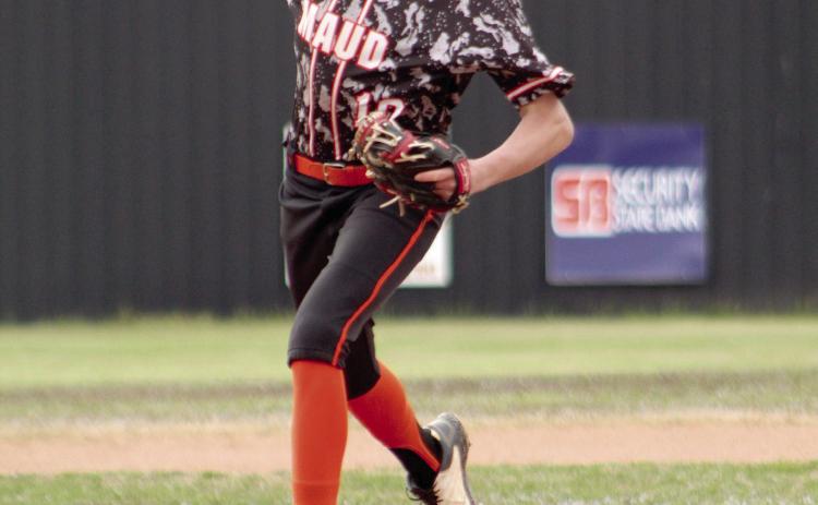 Maud’s Bowdee Brooks winds up for the pitch during the home game against Earlsboro on March 20. Earlsboro won, 16-2.