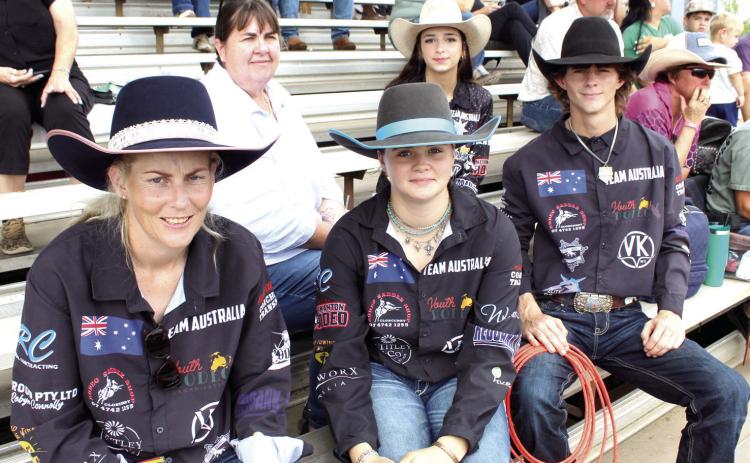 Some of the Team Australia members and parents from the Australian Youth Rodeo Organisation took a moment for an interview and photo on the morning of July 17, the final day for the International Finals Youth Rodeo in Shawnee. Shown, front row from left, are Kate Todd, Ruby Todd, Cade Ferguson, back row, Leigh Holley and Ruby Ruckwood. Photos by Natasha Dunagan, Countywide & Sun