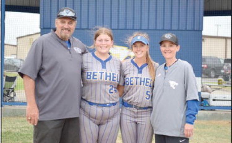 Slow Pitch Seniors pose with their coaches after the last regular season game. From left: Head Coach David Griffin, Seniors: Ashlee Ginn and Brooklyn Duff, Asst. Coach Tara Satterfield. Countywide &amp; Sun/Julie Talton