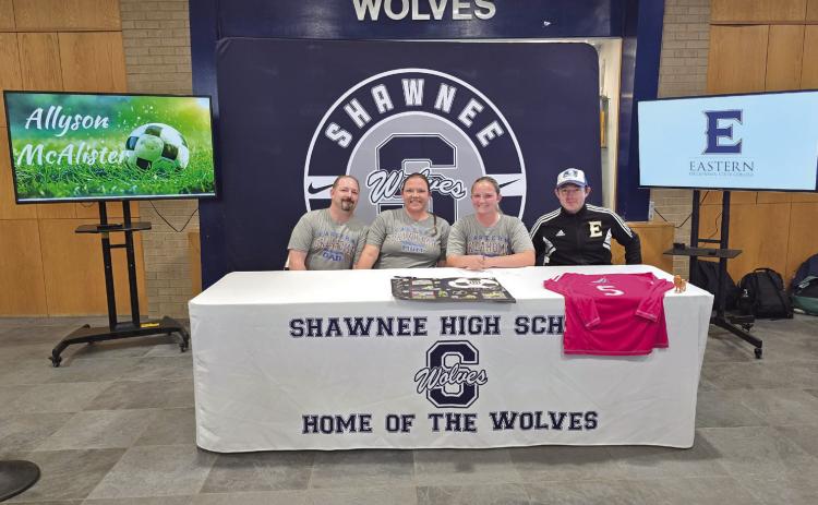 Shawnee student Allyson McAlister, third from left, with her parents and a coach, signed a letter of intent with Eastern Oklahoma State College for soccer on April 30. Photo courtesy of Amanda Johnson