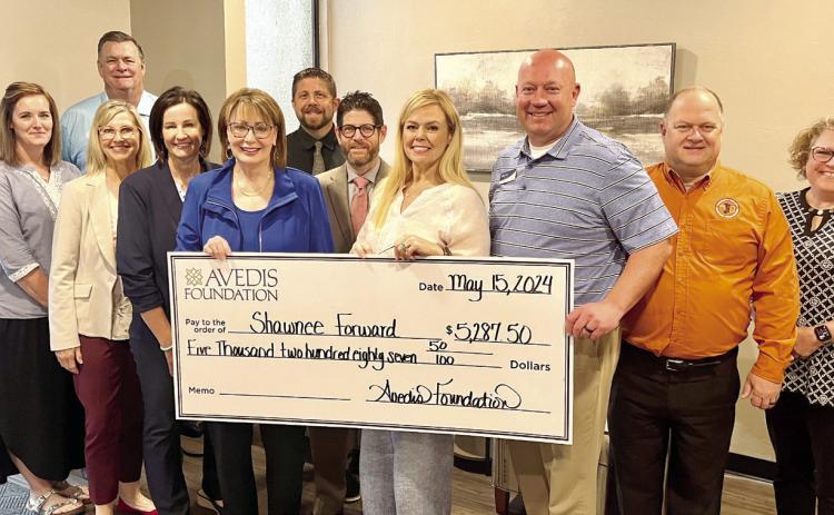 Shawnee Forward and Avedis Foundation representatives are pictured from left; Sarah Weeks, Steve Wallace, Jill Spencer Board Vice Chair Avedis Foundation, Angi Mohr, Dr. Kathy Laster President &amp; CEO Avedis Foundation, Dr. Aaron Espolt, Jason Knight, Crystal Romanyszyn President &amp; CEO Shawnee Forward, Casey Bell Board Chair Shawnee Forward, Gary Highly, and Tracy Meeuwsen Program Director Avedis Foundation. Photo provided