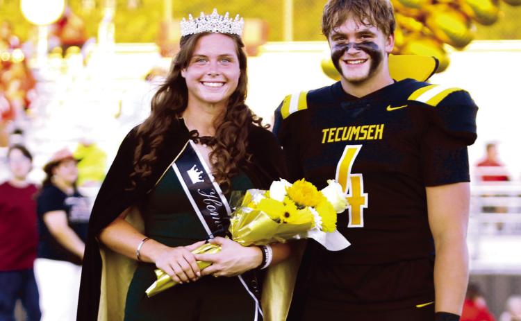Tecumseh senior Katie Overstreet poses with Braxton Meier after she was crowned Queen during the Tecumseh High School Fall Homecoming ceremony before the football game with McLoud on Sept. 20. Countywide & Sun/Natasha Dunagan