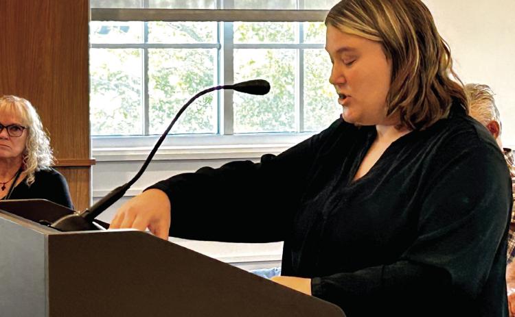 Maranda Tillman reads a prepared statement detailing concerns about the proposed Homeless Center to the Pottawatomie Board of County Commissioners, Tuesday, Aug. 27. Countywide &amp; Sun/Suzie Campbell