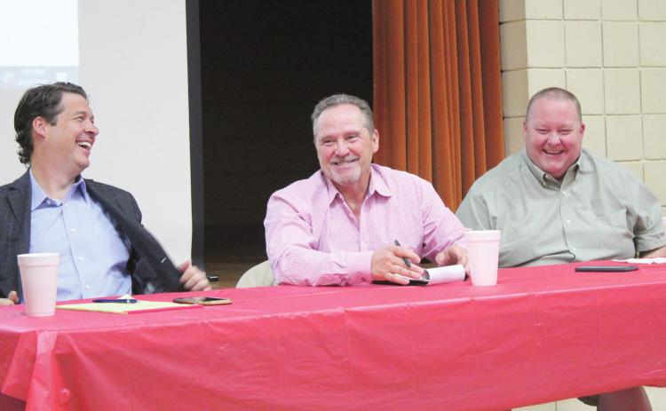 Oklahoma State Senator Shane Jett and State Representatives Danny Sterling and Dell Kerbs have a laugh during the Tecumseh Chamber of Commerce Legislator’s Luncheon, held at the Tecumseh City Hall Auditorium on April 22. Countywide &amp; Sun/Natasha Dunagan