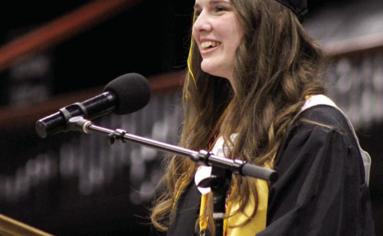 Tecumseh Valedictorian Adalaide Lack speaks about the fruits of the spirit and thanked her grandmother, Tecumseh Teacher Myrna Lack, during the Tecumseh High School graduation, held at FireLake Arena on May 20. Lack was one of four valedictorians, and she is a former Countywide & Sun intern. Photos by Natasha Dunagan, Countywide & Sun