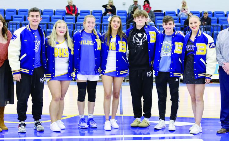 First United Bank sponsored and presented the top ten percent of the Bethel High School Senior class with Academic Letter Jackets at the home game Tuesday, Dec. 6. Pictured from left are Amanda Johnson with First United, Bray Bussell, Riley Bowie, Brooklyn Duff, Casey Brock, RJ Morris, Luke Drew, Marlee Affentranger, and High School Principal Jeremy Stewart. Photo courtesy of Richelle Treece