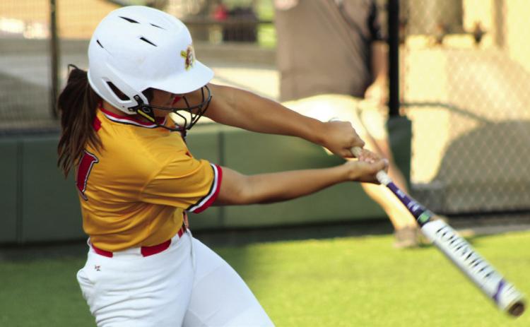 Dale senior Kaylyn Solis tags a triple in the third inning of the Dale Fast Pitch Festival game against Plainview, held at FireLake Ball Fields on Sept. 11. Dale won this game, 10-1; lost to Silo, 1-2; and won against Roff, 7-0; and with Leedey, 1-0. Tecumseh also participated in the festival on Sept. 12. Photos by Natasha Dunagan, Countywide & Sun