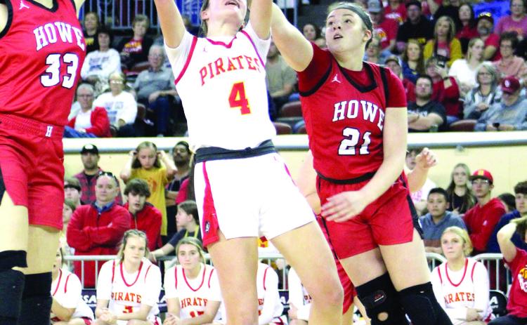 Dale’s Ava Bell is fouled by two Howe defenders as she goes to the hoop in the fourth quarter of the Class 2A State Championship on March 11 at the State Fairgrounds Arena. The Dale Lady Pirates won state, 48-23, and their record for the season is 31-2. Before this, the Lady Pirates won seven state basketball championships between 1978 and 2010, according to the OSSAA website. Countywide &amp; Sun/Natasha Dunagan