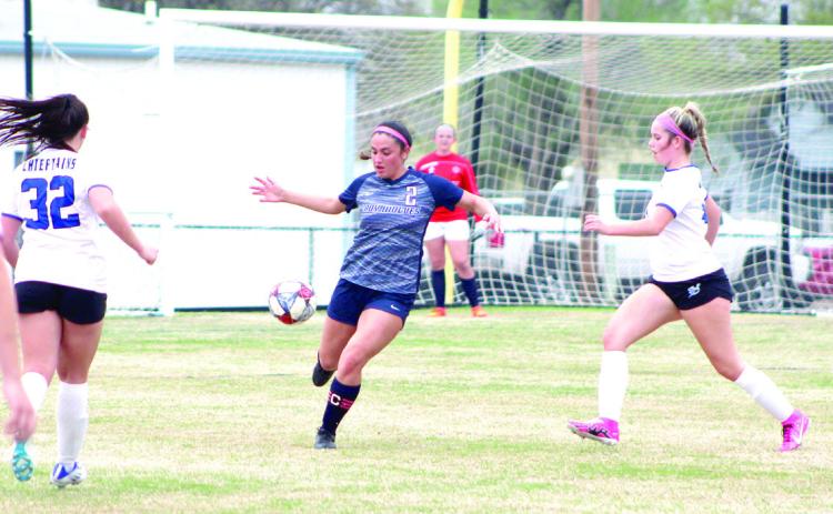 Shawnee senior Chanel Morales prepares to kick the ball from the Sapulpa end of the field on April 4.