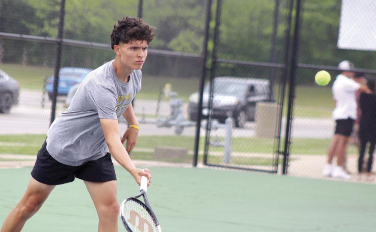 Tecumseh’s Marco Espinoza focuses on the ball during the Shawnee NGB Tournament on April 27. Espinoza placed 9th out of 10 schools in #1 Singles. Countywide & Sun/Natasha Dunagan