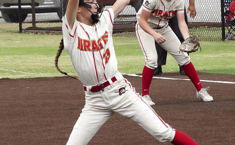 Dale freshman Adalyn Quigley slings her fast pitch home in one of two games against Pawnee during the Class 2A Super Regional Tournament on Sept. 29. The Lady Pirates won both games, 8-1 and 10-0, and their record is at 36-3. They will compete in the State Tournament today (Oct. 8), 10 am, at FireLake Ball Fields. Photos courtesy of Kent Bush/CPN