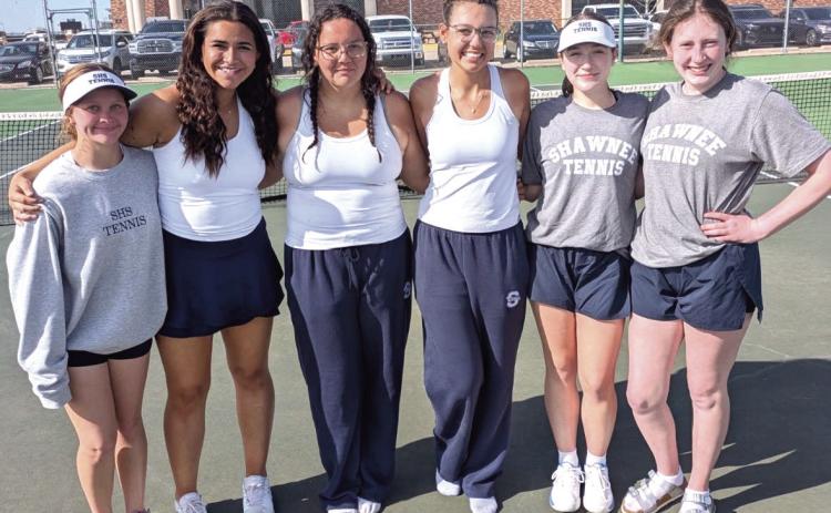 The Shawnee High School Lady Wolves Tennis Team had recent success in OKC and home tournaments. They are shown here at OBU for the Suburban Tennis Conference on March 31. Photo provided by Dacia Jordan