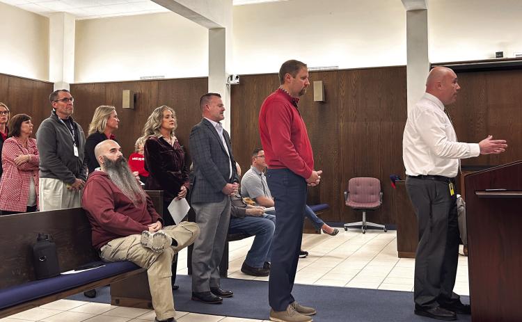 Tecumseh Superintendent Robert Kinsey addresses the Shawnee City Commission about the Education Sales Tax which will be on the ballot April 1, 2025. All 14 Superintendents in Pottawatomie County attended the meeting and informed the Commissioners how the tax had been used to benefit each school district. Countywide &amp; Sun/Suzie Campbell