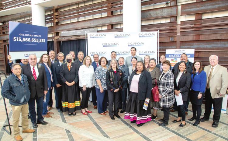 CPN Chairman John “Rocky” Barrett, far right, joins other tribal leaders and members of the Oklahoma Tribal Finance Consortium for the announcement. Photo provided by CPN