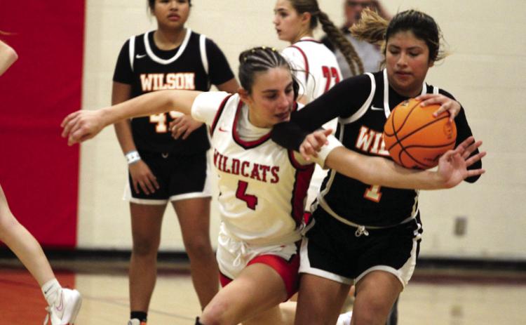 Earlsboro's Lilly Gentry tries to steal the ball in the fourth quarter of the Class B Regional game with Wilson (Henryetta) on Feb. 21. The Lady Wildcats lost a close game with a final score of 50-54, and they ended their season in the second regional game with Strother, 50-68. Their record for the season was 19-7. The Wildcats won their first regional game against Haileyville, 61-30, and lost their second game to Carney, 51-54. Their record was 15-12. Countywide &amp; Sun/Natasha Dunagan