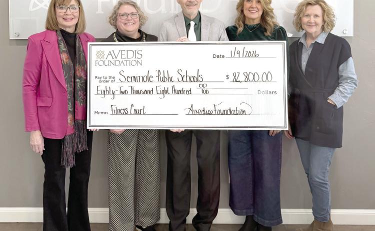 Seminole Public Schools Superintendent Dr. Bob Gragg (center) accepts an $82,800 check from the Avedis Foundation to complete and outdoor fitness court. Pictured from left: Dr. Kathy Laster, President &amp; CEO Avedis Foundation: Tracy Meeuwsen, Senior Program Director- Data Analyst Avedis Foundation; Gragg; Angela Willmett, Deputy Superintendent Seminole Public Schools; and Audrey Seeliger, External Relations-Special Events Avedis Foundation. Photo provided by Avedis Foundation