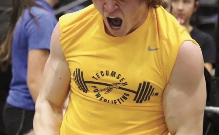 Tecumseh senior Malachi Detherage celebrates after breaking an unofficial state record during the Bethel Powerlifting Meet on Jan 30. Photo provided