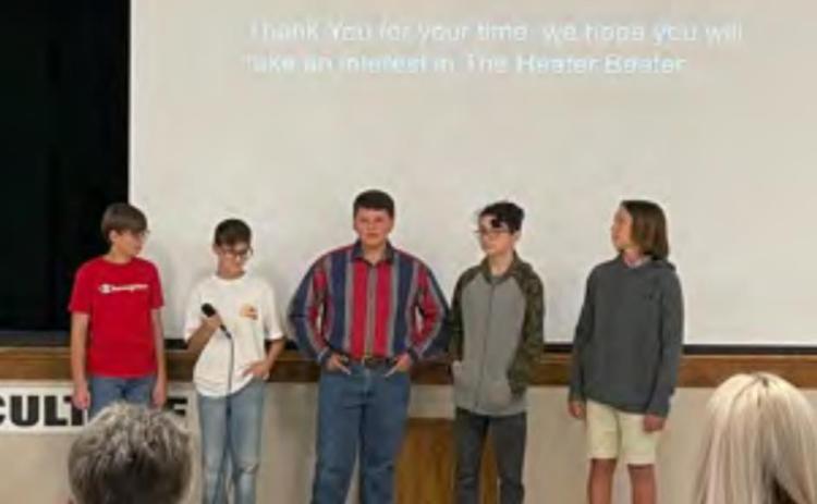 South Rock Creek 7th and 8th grade boys, Jaxon Ledford, 7th; Aiden Sheppard ,7th; Beau Willis, 8th; Brock Malchose, 8th; and Jazon Murray, 8th, present their business plan to the Shark Tank. Photo provided