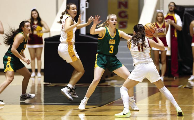 OBUs Katelyn Davis (#3) comes off the bench and shoots a season high 16 points while pulling down seven rebounds in the 78-48 win against Midwestern State Thursday, Nov. 21. Also shown for OBU is Bethel alumni Parker Stevenson. Photo provided by OBU