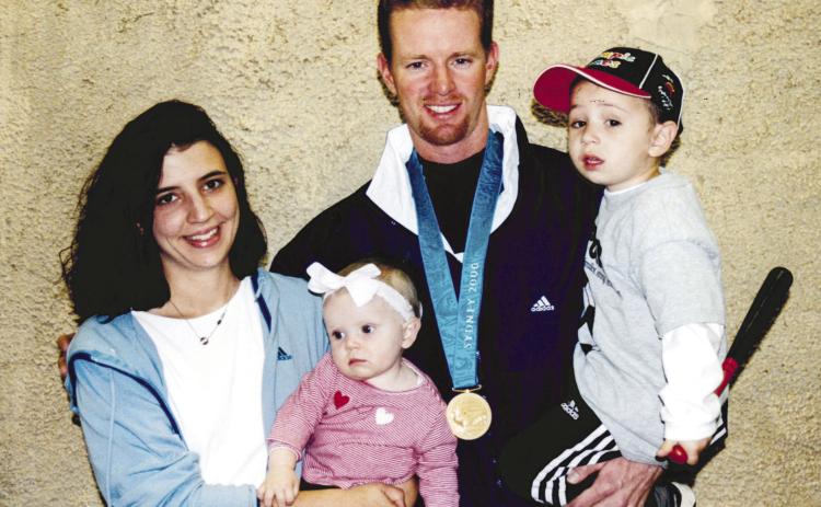 Ryan Franklin was honored, alongside his family, at the Oklahoma Sports Heritage Museum in Guthrie after achieving gold at the 2000 Summer Olympics. Pictured (left to right) Angie Franklin; daughter, Kaylin; Ryan Franklin and son, Logan. Photo provided