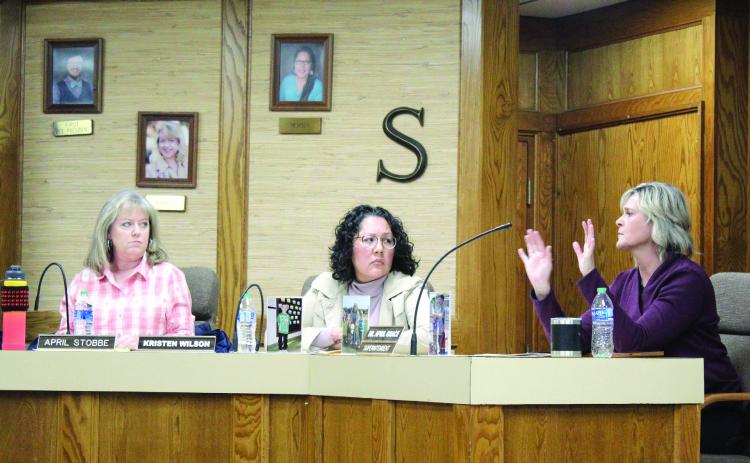 Shawnee Superintendent Dr. April Grace speaks with the Shawnee Board of Education, including April Stobbe and Kristen Wilson, during the Special Session on Jan. 21. The meeting was to discuss how to begin the hiring process for a new superintendent, since Grace will step down on June 30. Countywide &amp; Sun/Natasha Dunagan