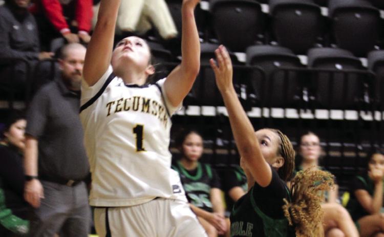 Tecumseh senior Cadence Leba launches a shot in the Jan. 6 home game against Seminole. The Lady Savages beat the Lady Chieftains 59-33, as did the Savages later, 97-62. Natasha Dunagan, Countywide & Sun