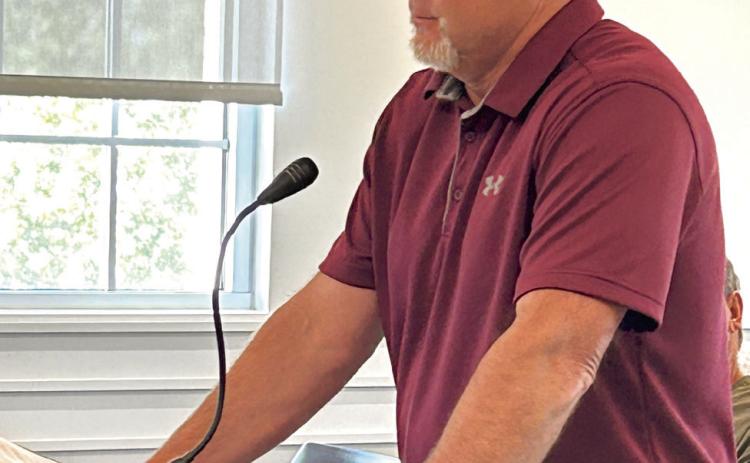 Wanette Public Schools new Superintendent Scott Douthit addresses the Pottawatomie County Commission meeting Tuesday, Aug. 6. Countywide &amp; Sun/Suzie Campbell