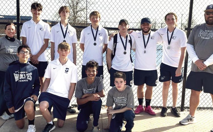 The Shawnee Boys Tennis Team competed at their Shawnee Invitational on March 13 and placed fourth overall as a team. Shown, front row from left, are Lucas Chakenatho, Connor Taylor, Eddie Kellogg, William Hennen, back row from left, Coach Keli Kinsey, Grady Smith, Anthony Newsom, Jack Timmons, Benjamin Cole, Bryce Comstock, Samuel Thomas and Coach Tyler Harrison. Photo provided by SPS