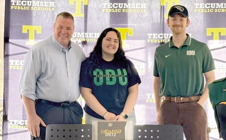 Tecumseh Senior Cheyanna Dietz, center, signed on April 7 with OBU's Bison Brigade, where she will play Baritone. Also shown are THS Band Director John Outon, left, and OBU Assistant Band Director Gavin Strickland. Photo Provided. Click on the camera banner ad below to see all the photos taken by Natasha Dunagan, Countywide & Sun.