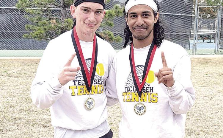 Tecumseh High School tennis players Jacob Kuhn and Taekwan Krush pose after winning first place in 2 Doubles during the Pauls Valley Tournament at Westwood on March 7. Kuhn and Krush also placed fourth in 1 Doubles at the Shawnee Invitational on March 10. Photo provided.