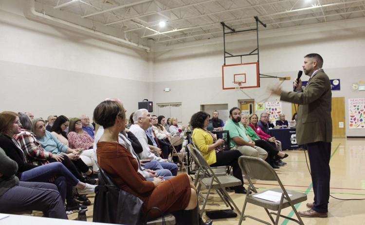 Shawnee Superintendent Dr. Aaron Espolt speaks to a crowd of more than 100 people during a Shawnee Board of Education Special Meeting held at Jefferson Elementary on Jan. 29. Countywide & Sun/Natasha Dunagan