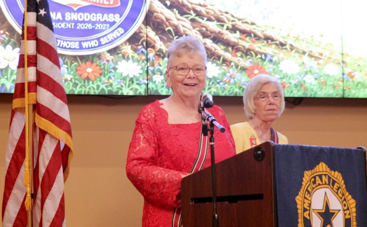 Donna Snodgrass, of Tecumseh's American Legion Auxiliary, speaks after being sworn in as the American Legion Auxiliary, Department of Oklahoma, President. Natasha Dunagan, Countywide &amp; Sun